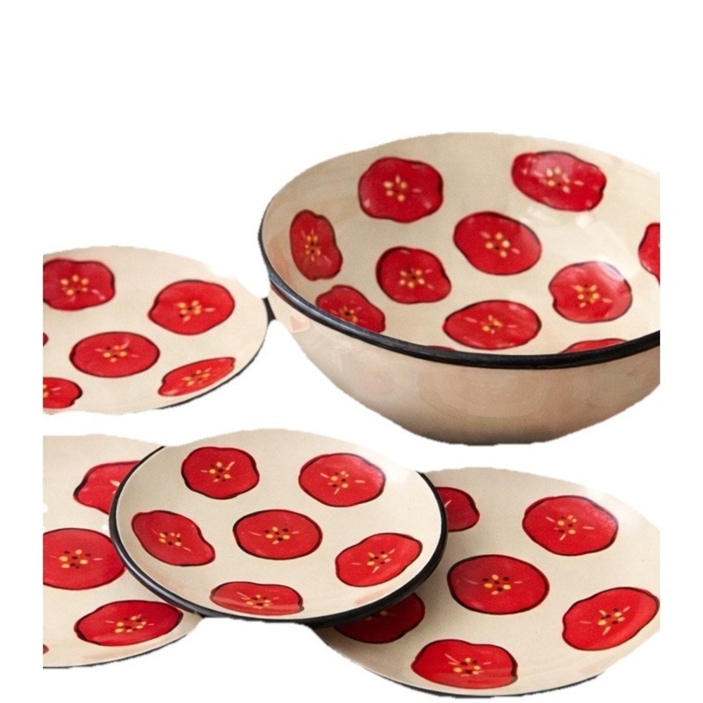 Denise Dubois Pottery Ceramic Set 4‎ Poppy Appetizer Plates and 1 Bowl Red Cream